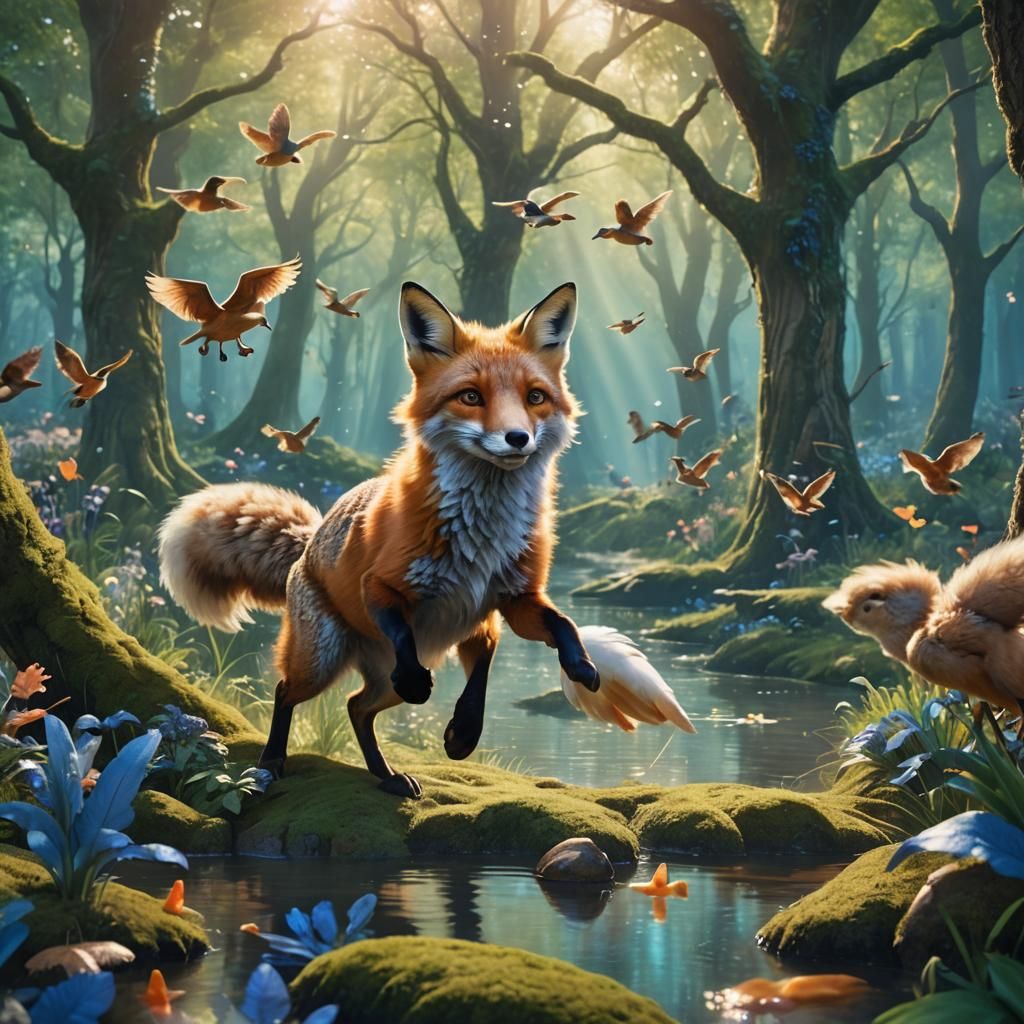 Fox and Ducks Play in a Magical Forest