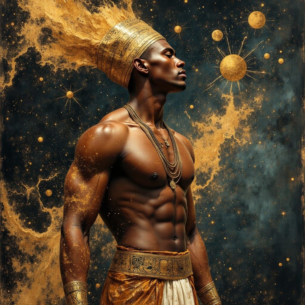 Nubian King Gazes at Celestial Map in Divine Oil Painting St...