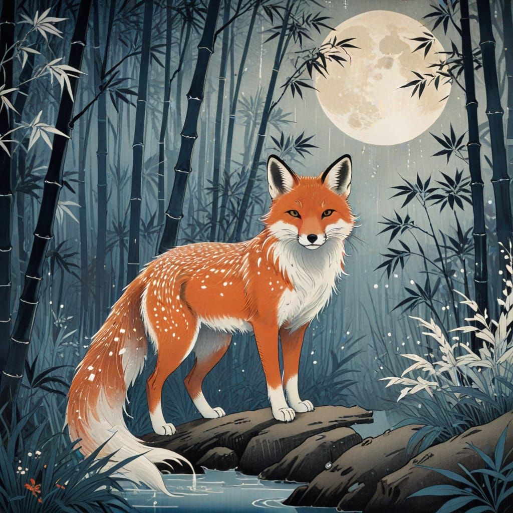 Ghostly Fox Spirit in Ukiyo-e Bamboo Forest
