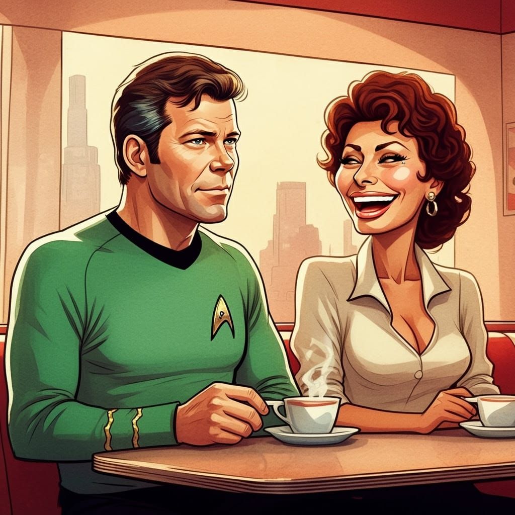Kirk and Rand at a 50s Diner, Watercolor Style