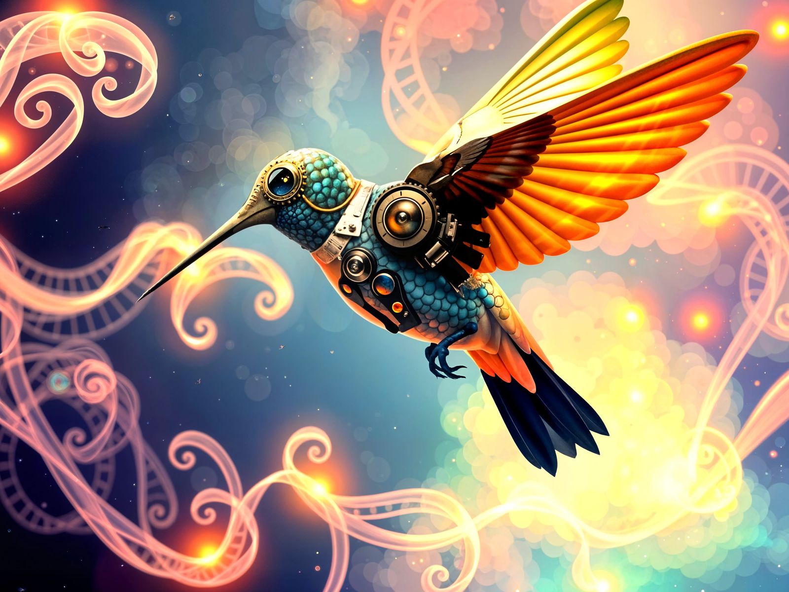 Steampunk Hummingbird in Bioluminescent Mist