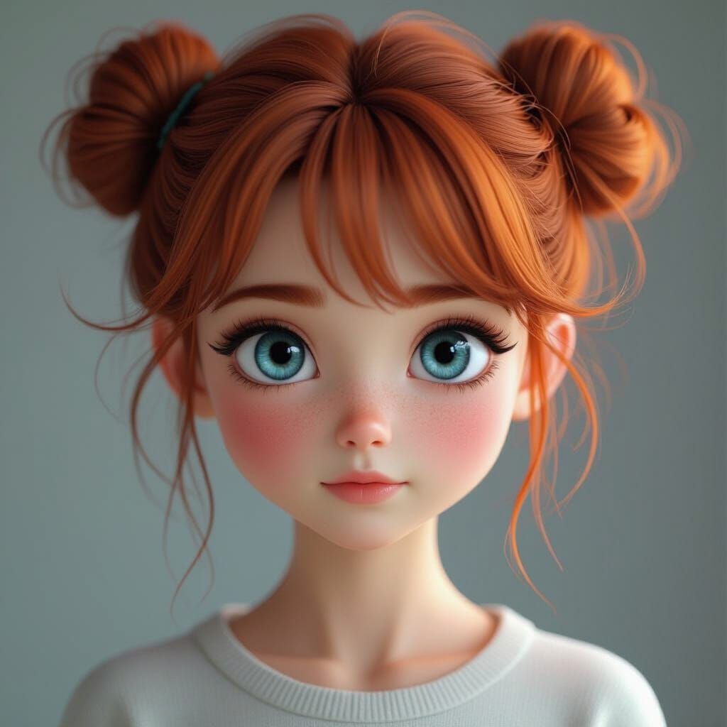 Shy Teenager with Anime Eyes and Ginger Hair in Buns