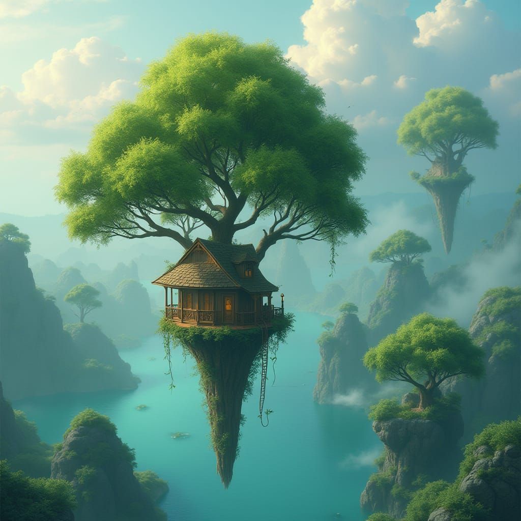 Emerald Isles in a Misty Lake Landscape