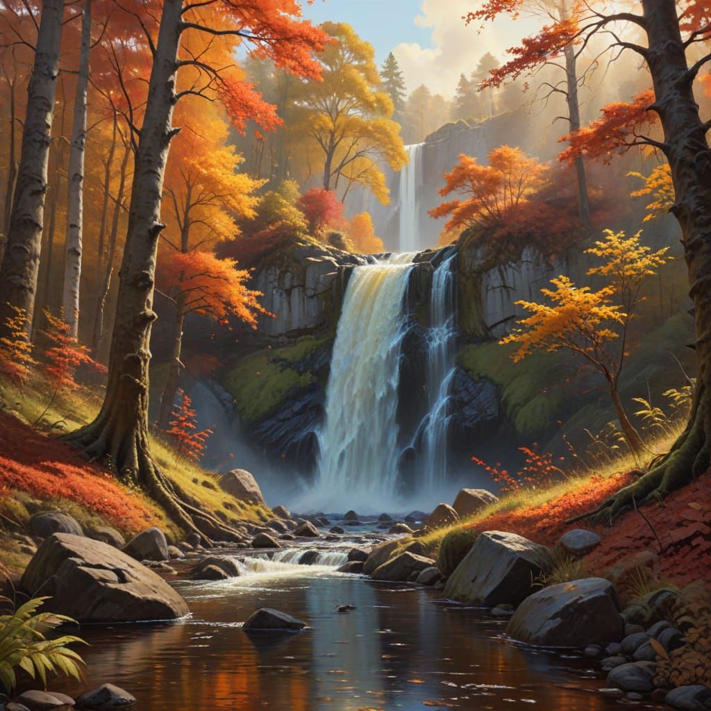 Autumn Waterfall in Golden Hour Oil Painting