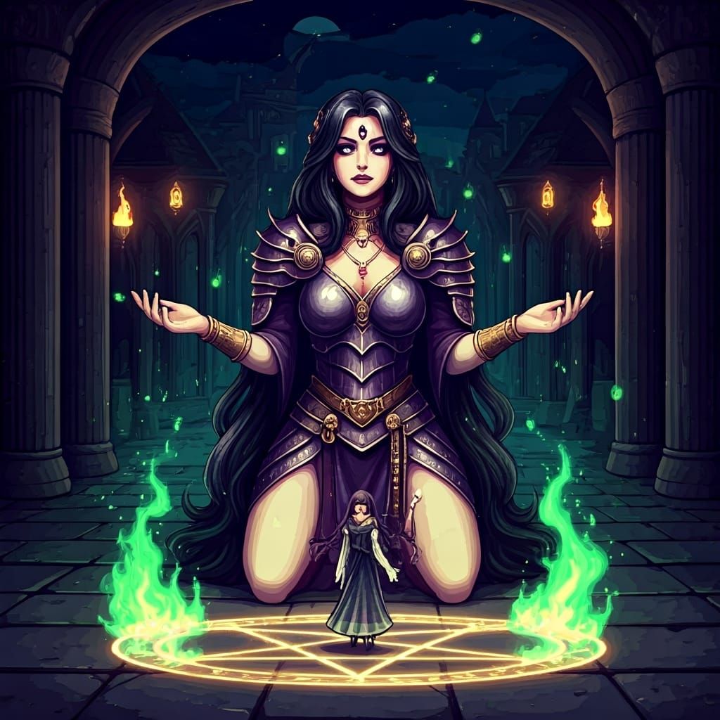 Sorceress Kneeling in Pentagram, Pixel Art