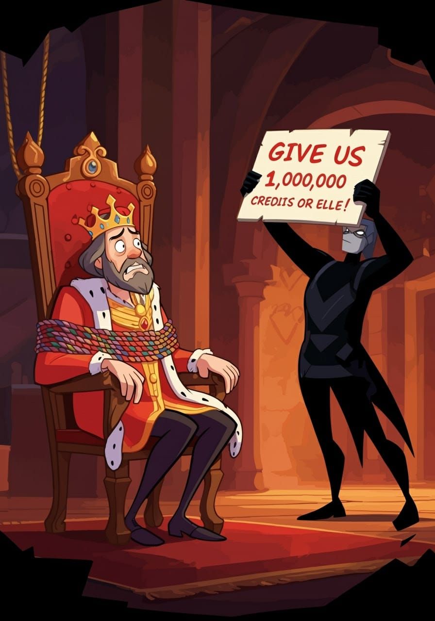 Cartoon King Held Hostage by a Suave Figure in a Classic Car...