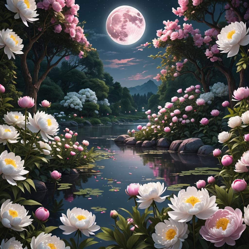 Full Moon Over Tranquil River and Peony Garden