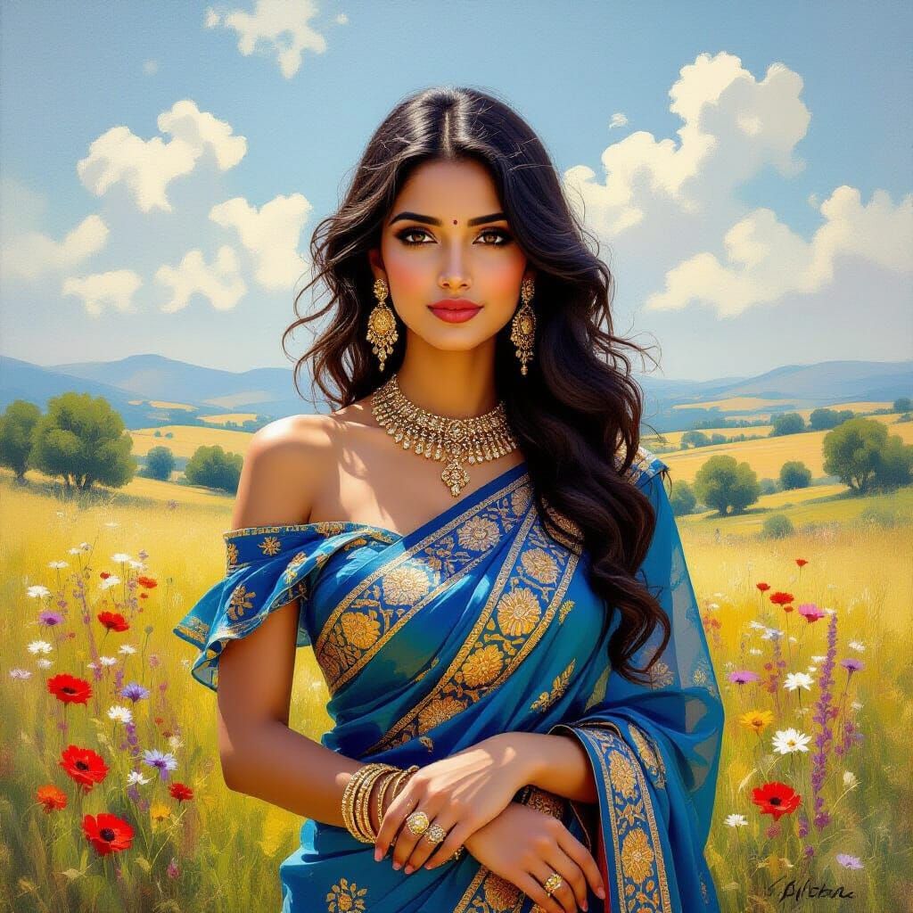 Indian Woman in Blue Sari, Impressionist Oil Painting