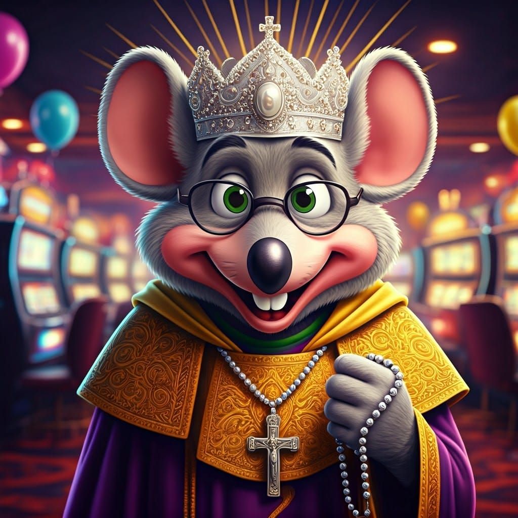 Chuck E. Cheese as Monk in Casino, Hyperrealistic Digital Ar...