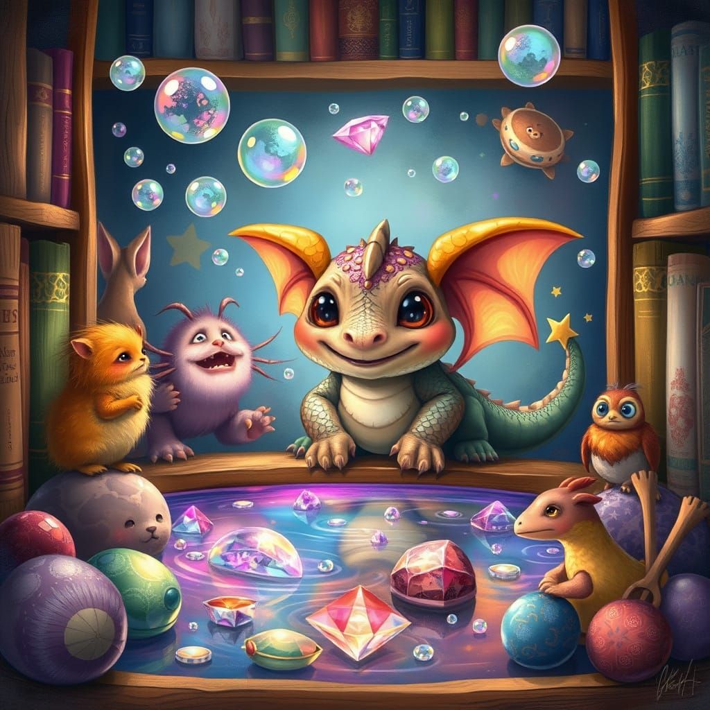 Whimsical Dragon Discovers Bookshelf Wonderland
