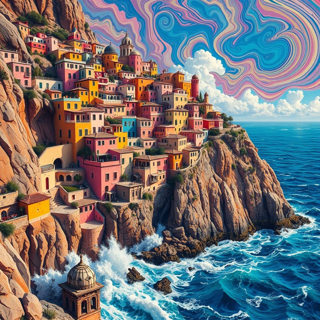 Psychedelic Cliffside Village Inspired by Escher