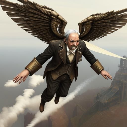 Steampunk Old Man Flying with Wings