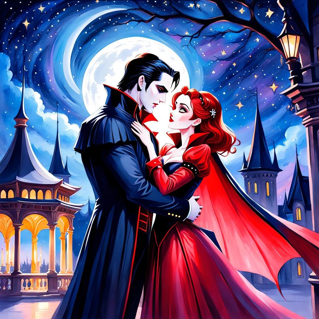 Vampire Couple in Glitter Watercolor Style