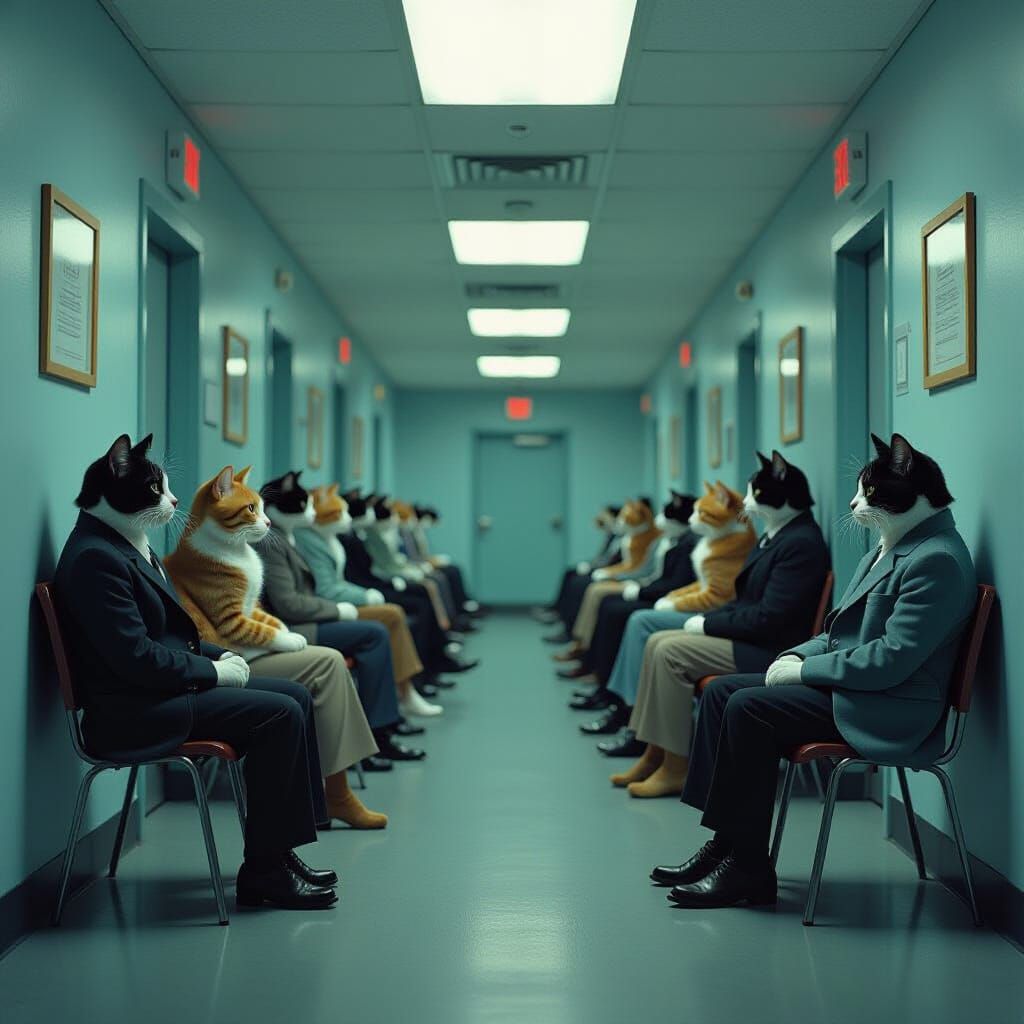 Cats Queue at Drab Unemployment Office