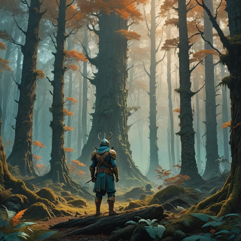 Heroic Figure in Mystical Forest: Fantasy Concept Art