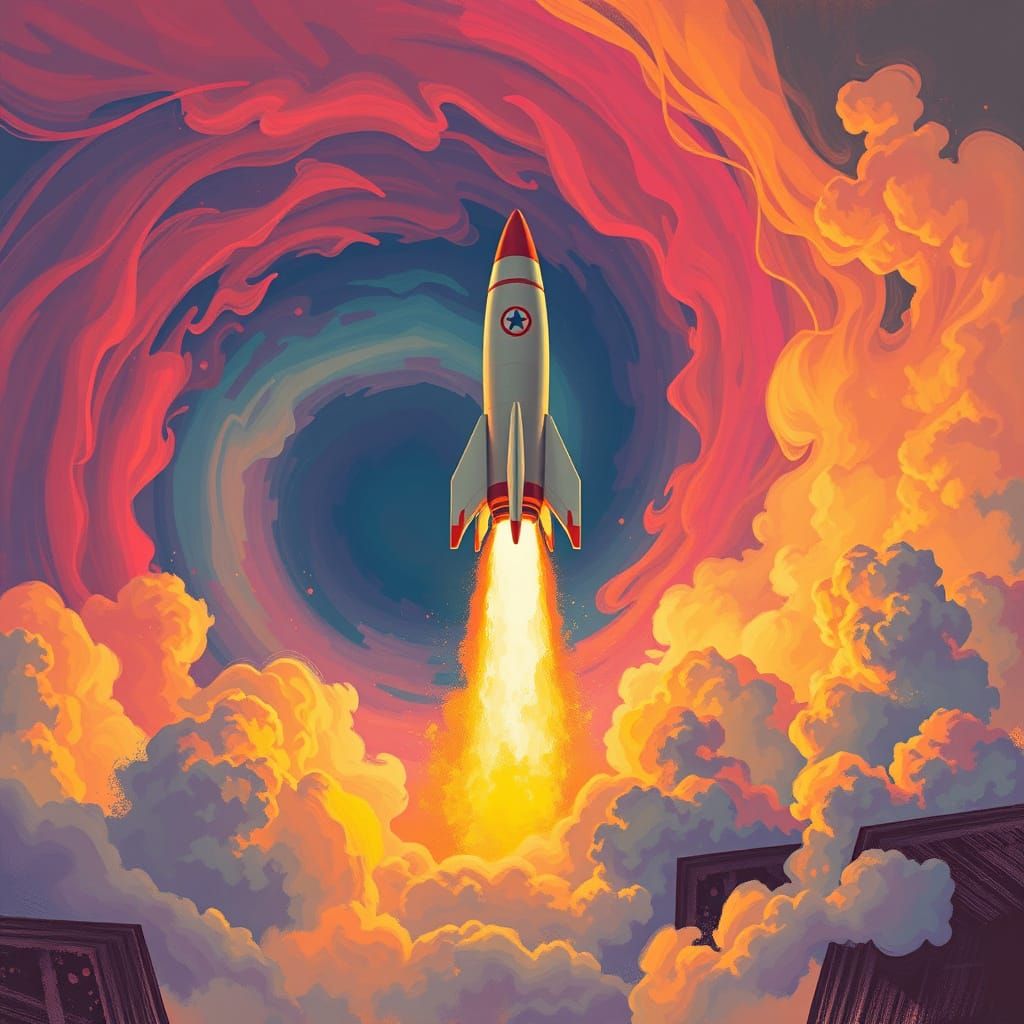 Rocket Launch in Retro-Futuristic Style