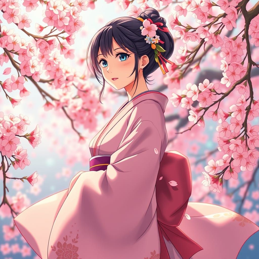Anime Woman in Cherry Blossom Kimono