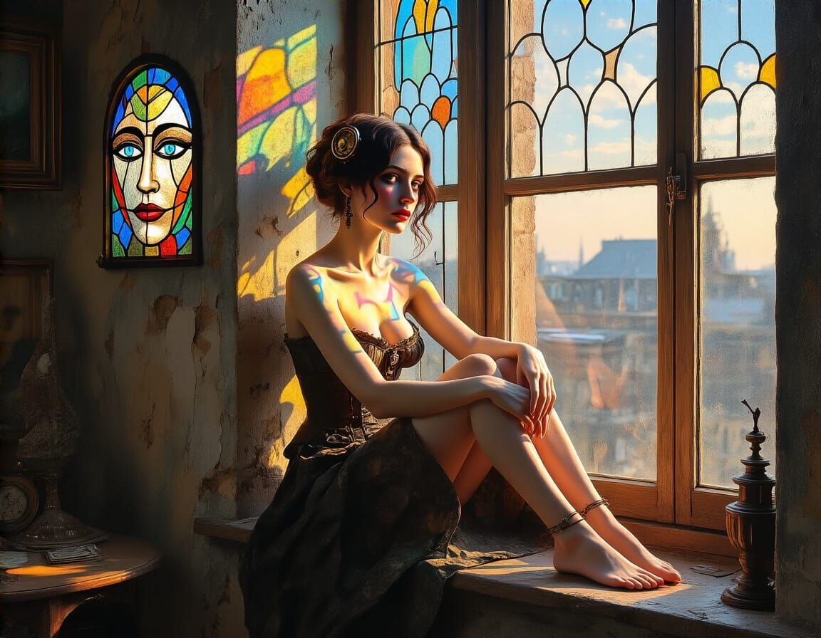 Steampunk Woman Portrait with Stained Glass Window
