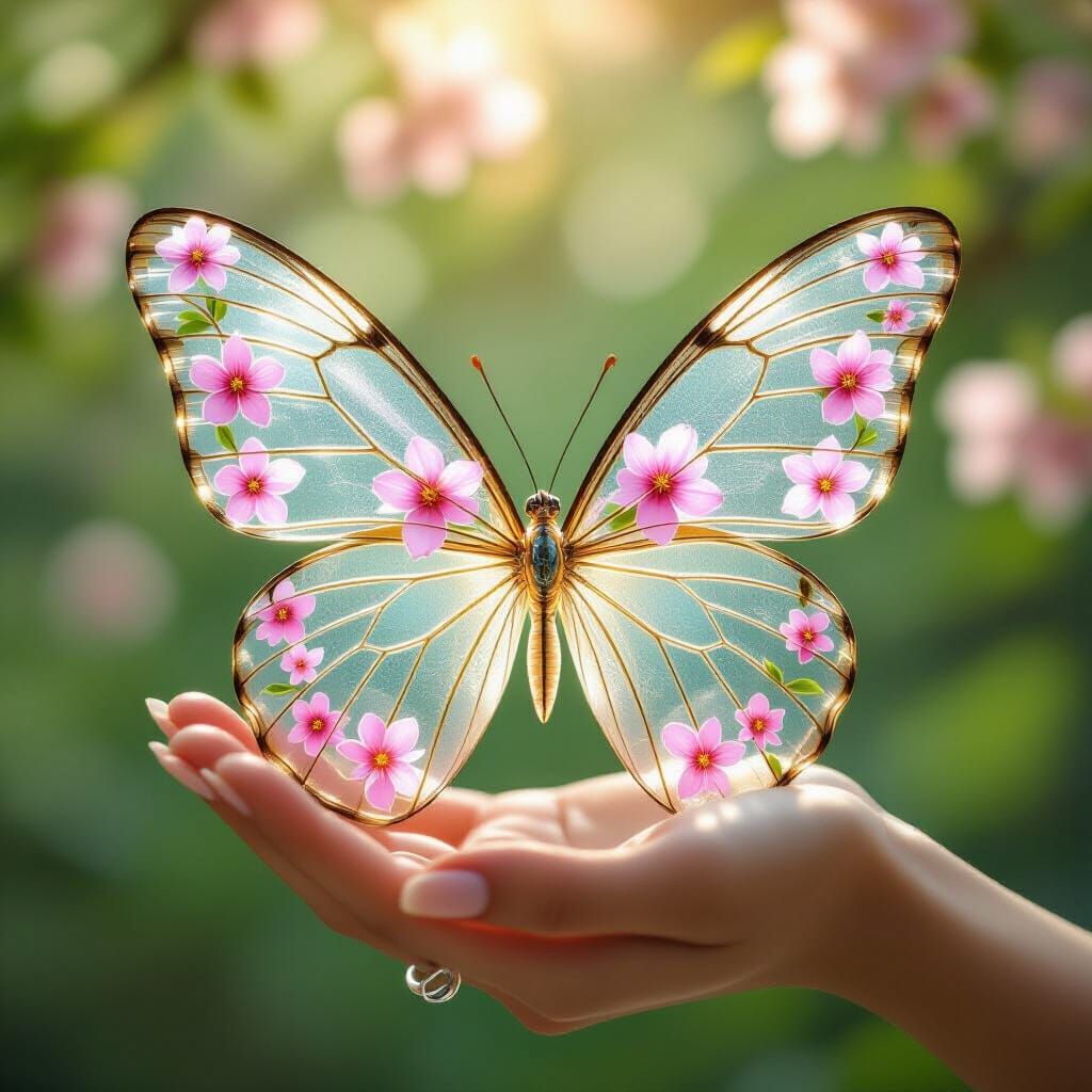 Glass Butterfly with Cherry Blossoms Macro Photo