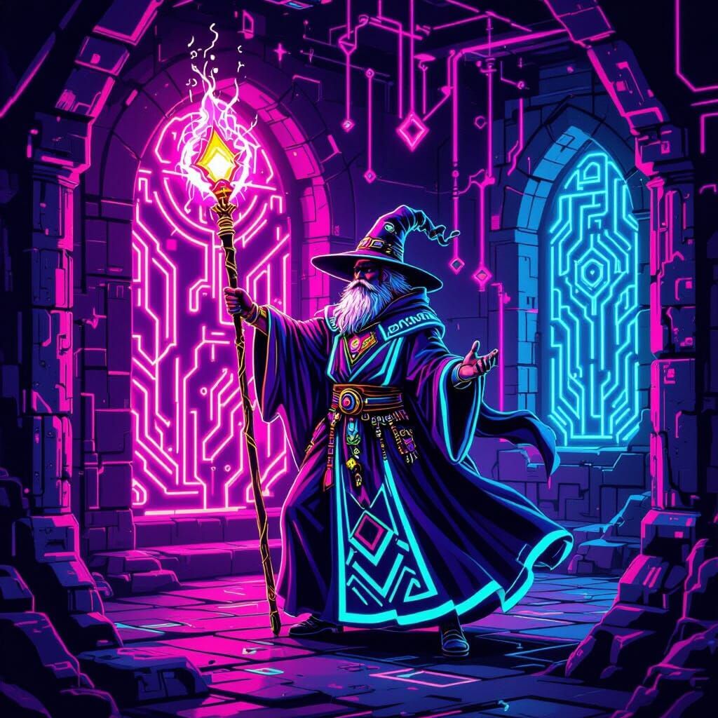 Neon Wizard Casting Spell in 80s Synthwave Dungeon