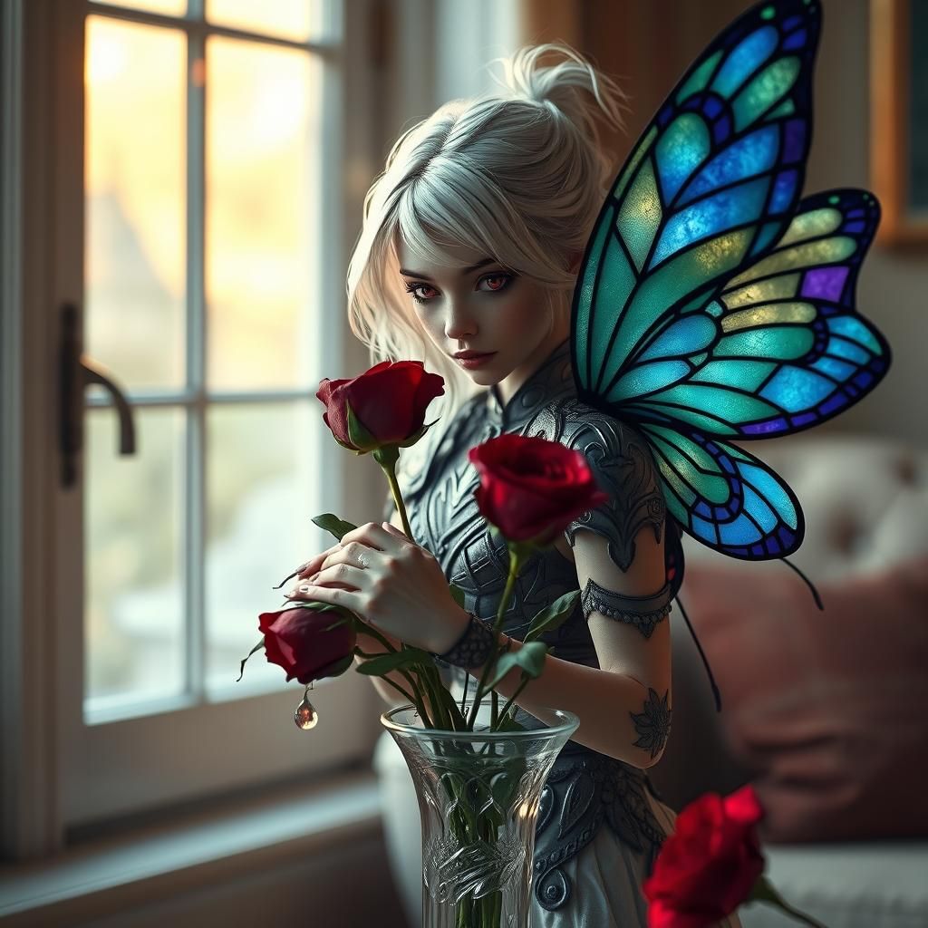 Fairy Rescuing Roses with Butterfly Wings