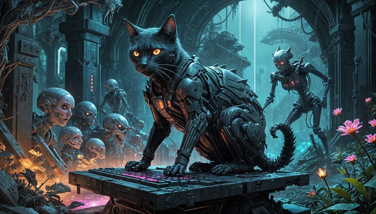Cyberpunk Cat in Clockwork Graveyard: Gothic Anime Style