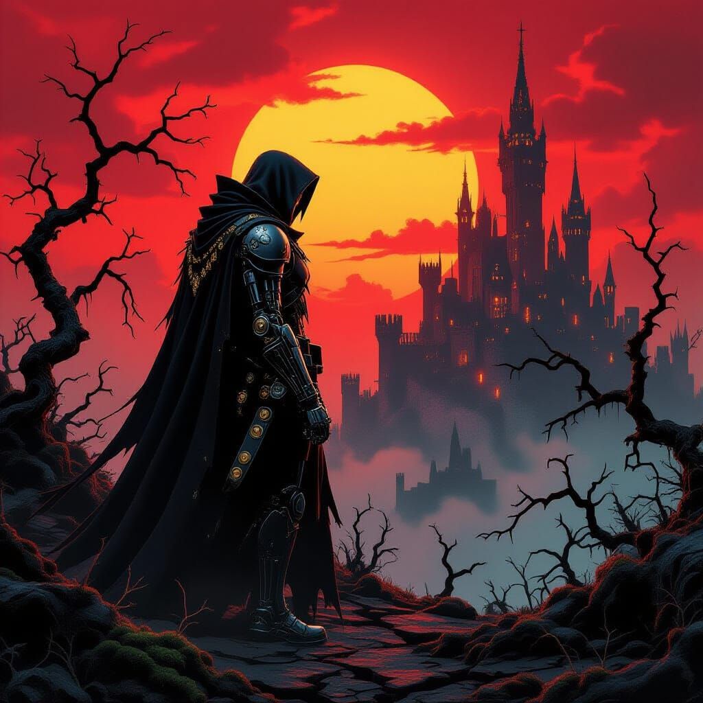 Gothic Cyborg Huntsman in Crimson Sunset