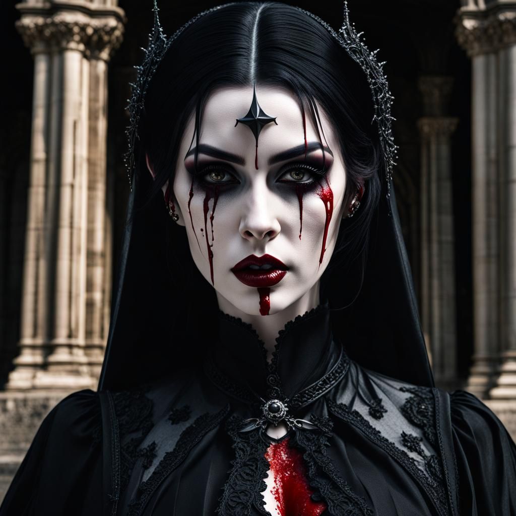 Gothic Woman with Bloody Knife in Cathedral