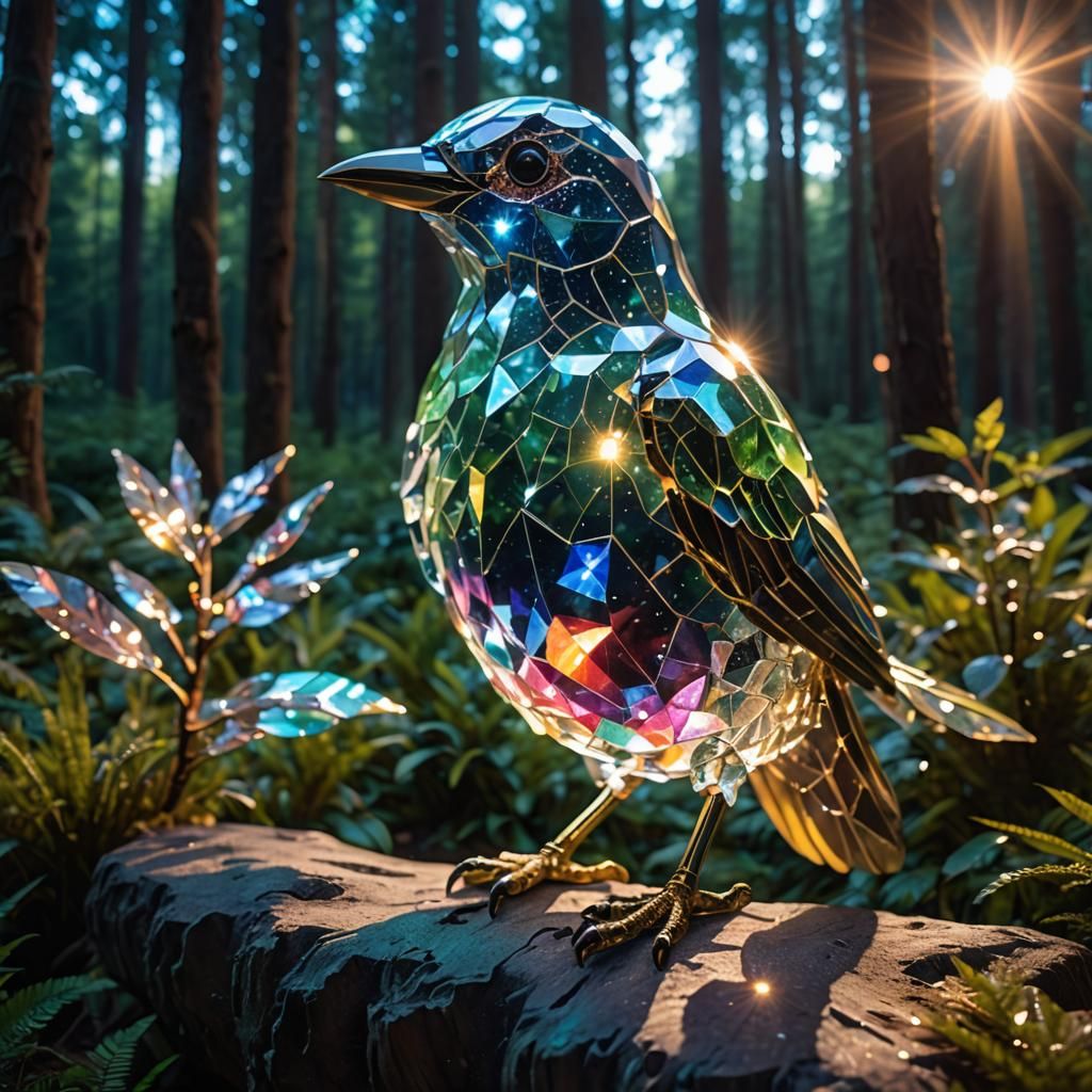 Crystal Bird Sculpture in Magical Nebula Forest