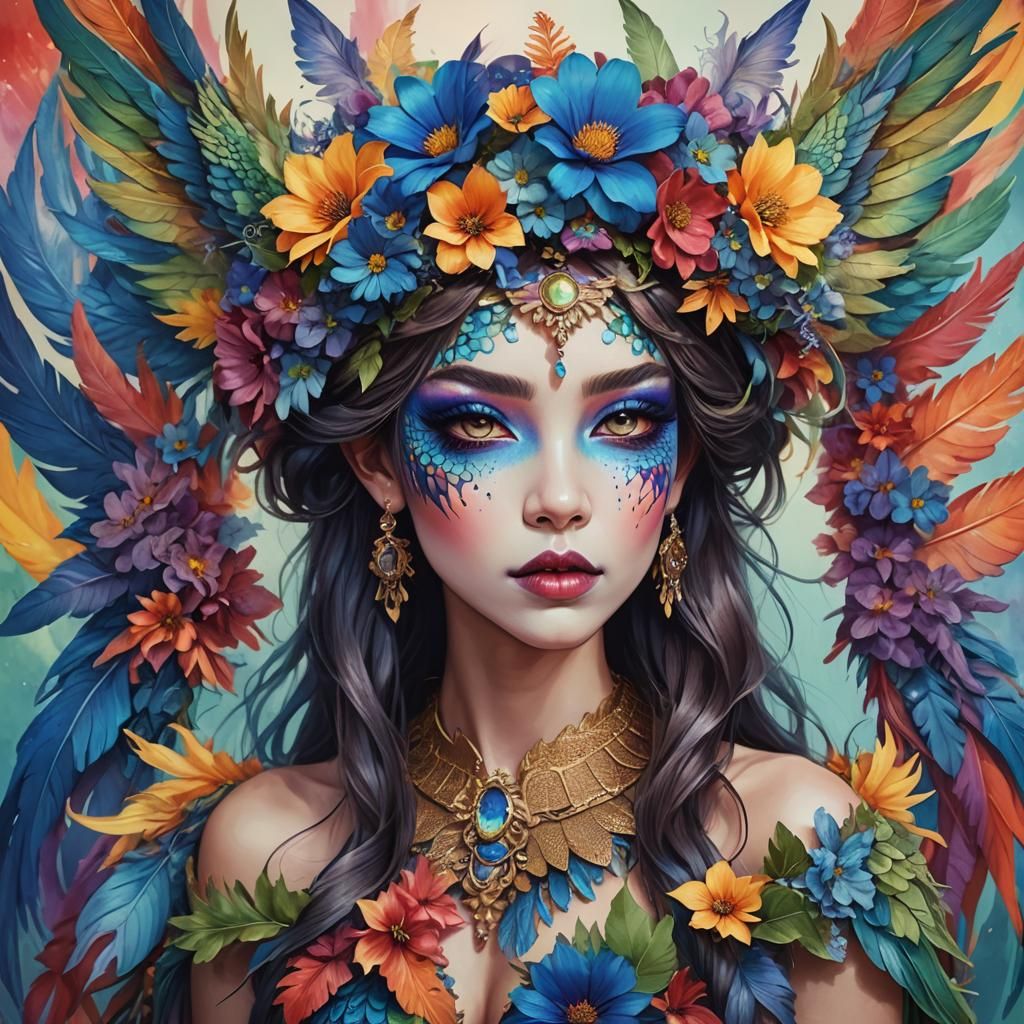 Rainbow Dragon Woman with Flower Crown