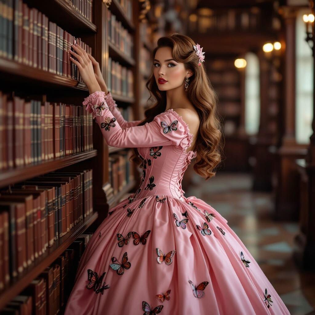 Woman in Pink Gown Reaching for Book in Grand Library
