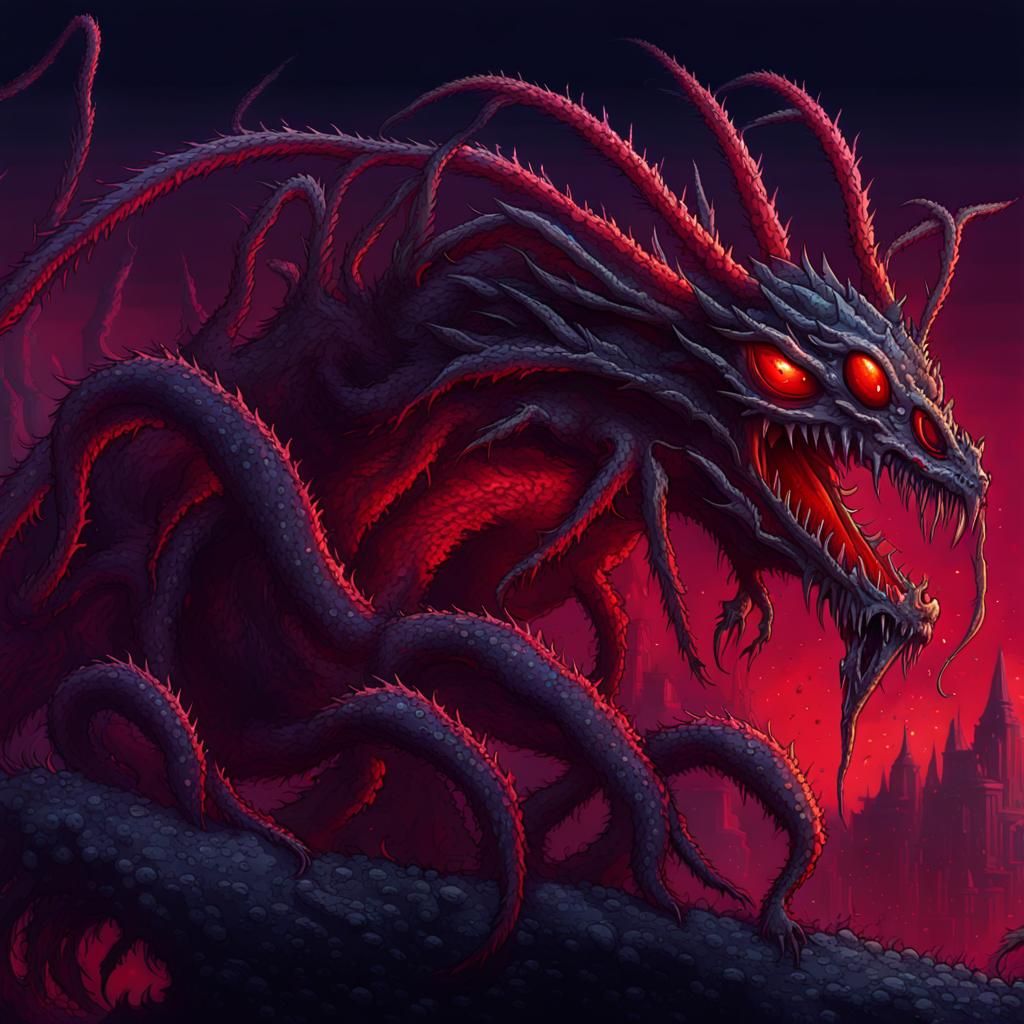Dragon-Spider Hybrid in Dark Cosmic Pixel Art