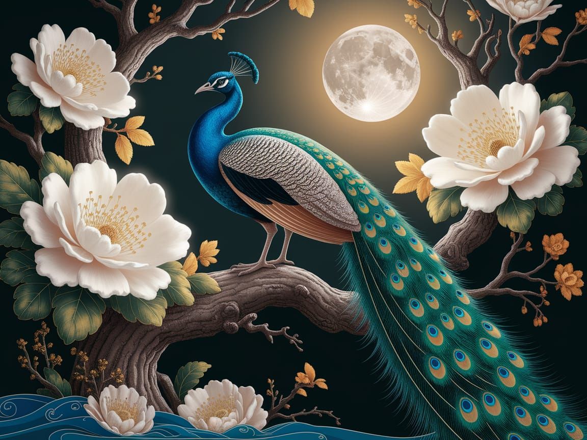 Ethereal Peacock in Golden Bloom