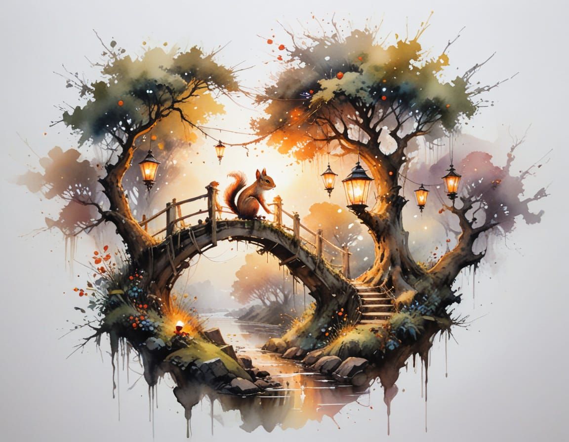 Enchanted Tree Hamlet with Squirrels in Sunset Light