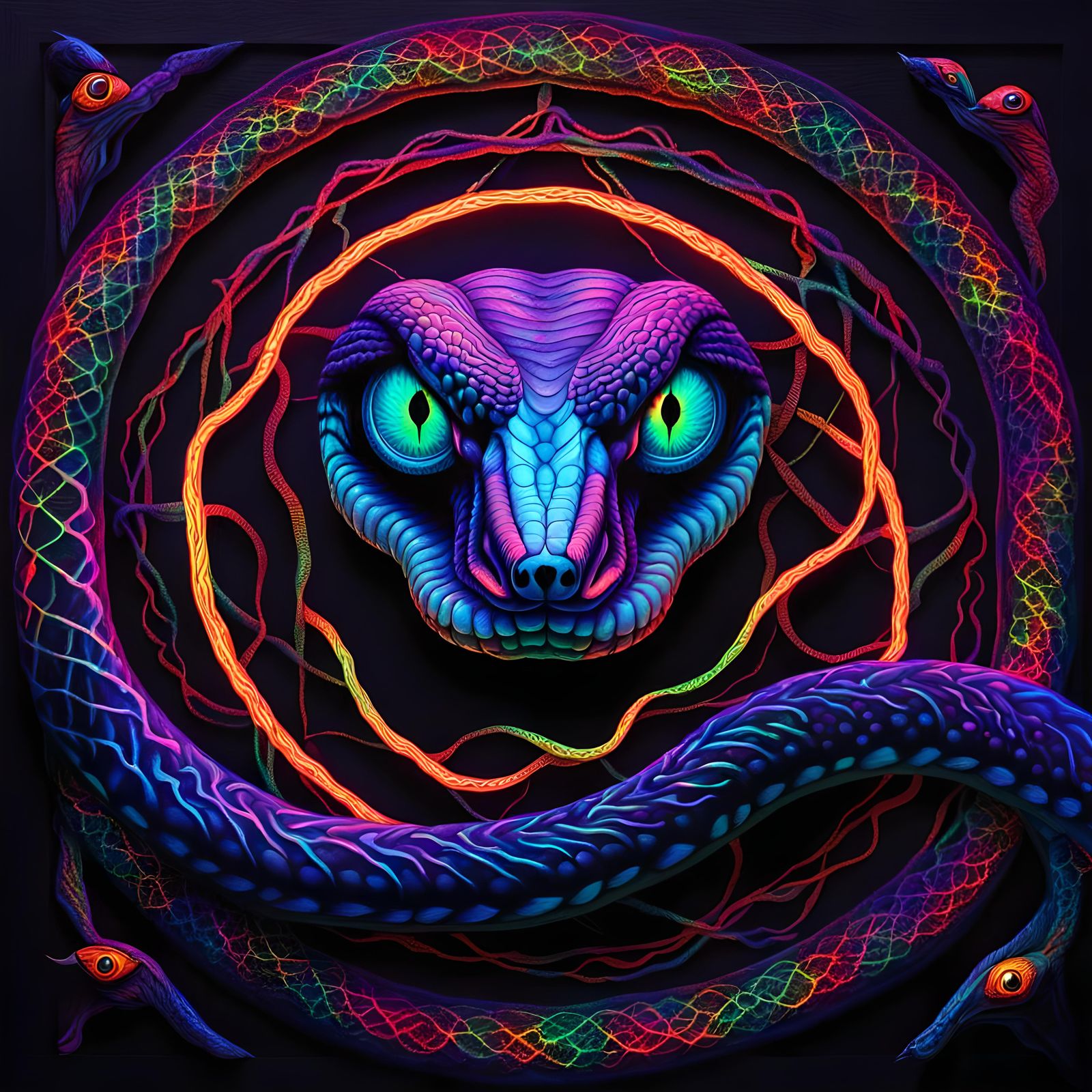 blacklight string art, snake with 3 eyes