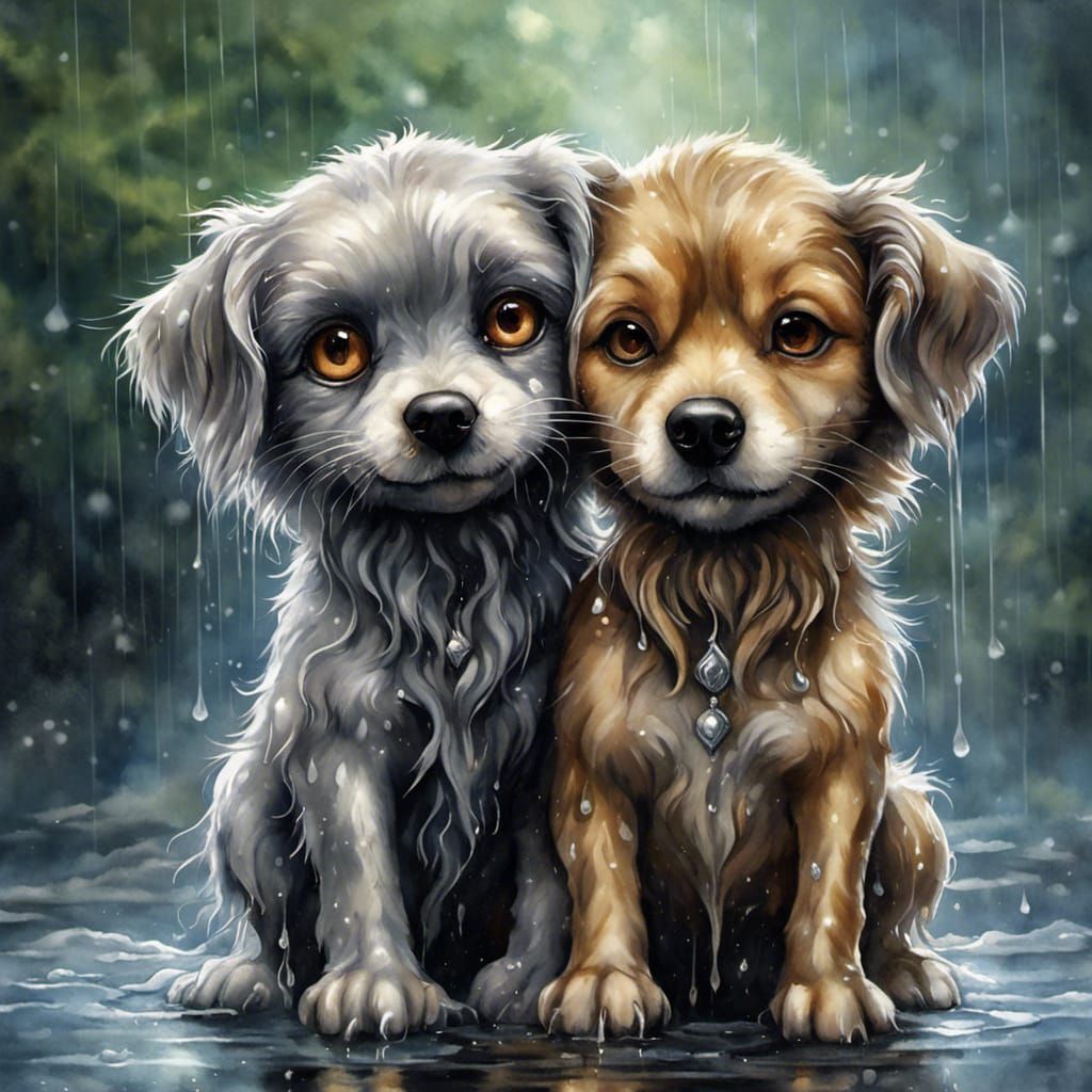 Two Cute Dogs in Rain, Detailed Watercolor Painting