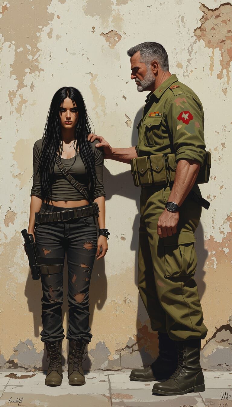 Anxious Female Soldier in Urban Landscape