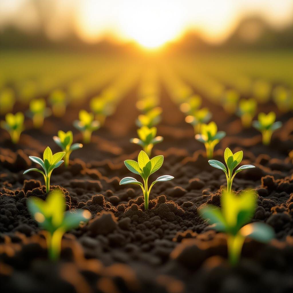 Fertile Earth with New Growth at Golden Hour