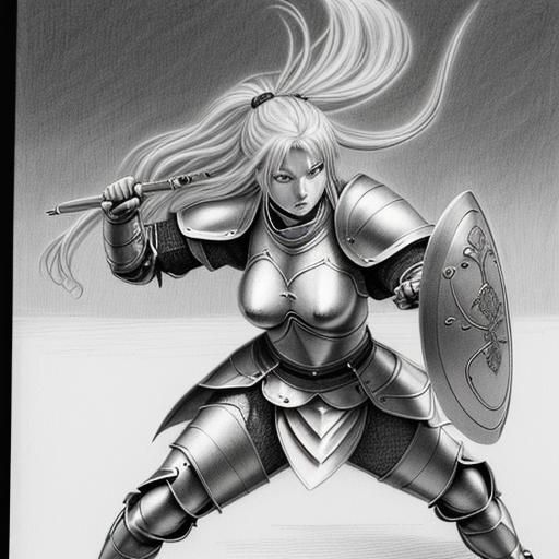 Woman Knight in Battle: A Manga-Style Pencil Drawing