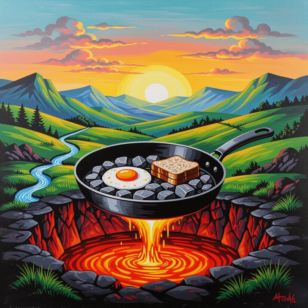 Surreal Landscape Breakfast Floating Over Lava