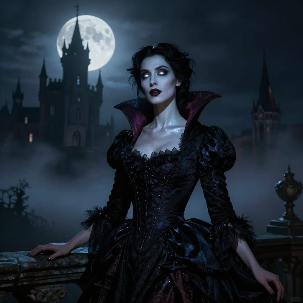 Vampire Woman Under Full Moon in Gothic Castle