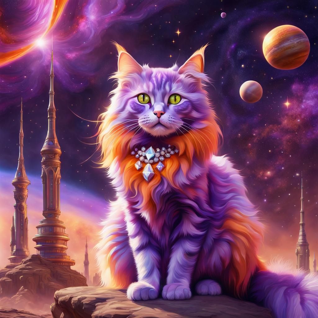 Whimsical Purple-Orange Cat in Retrofuturist Style