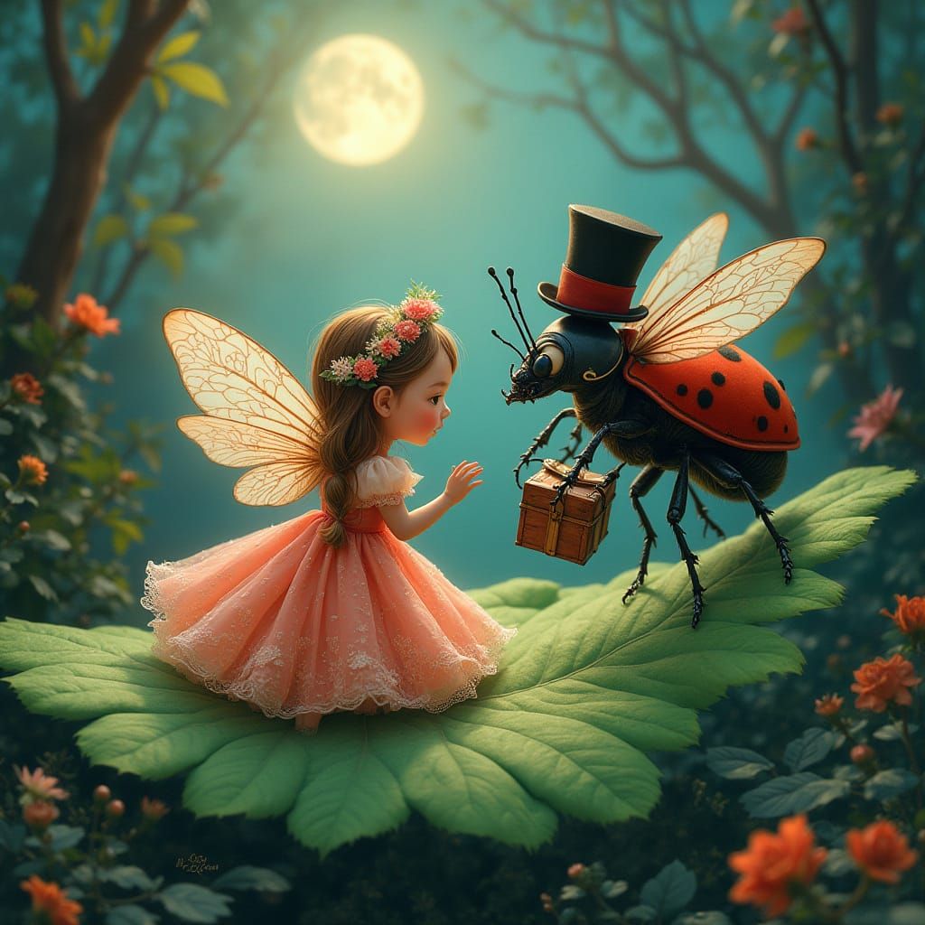 Ladybug in Whimsical Moonlit Garden Proposal Scene