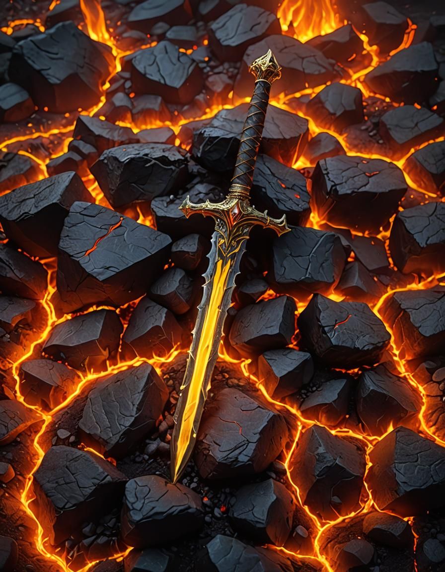 Epic Sword of Flames in Volcanic Landscape