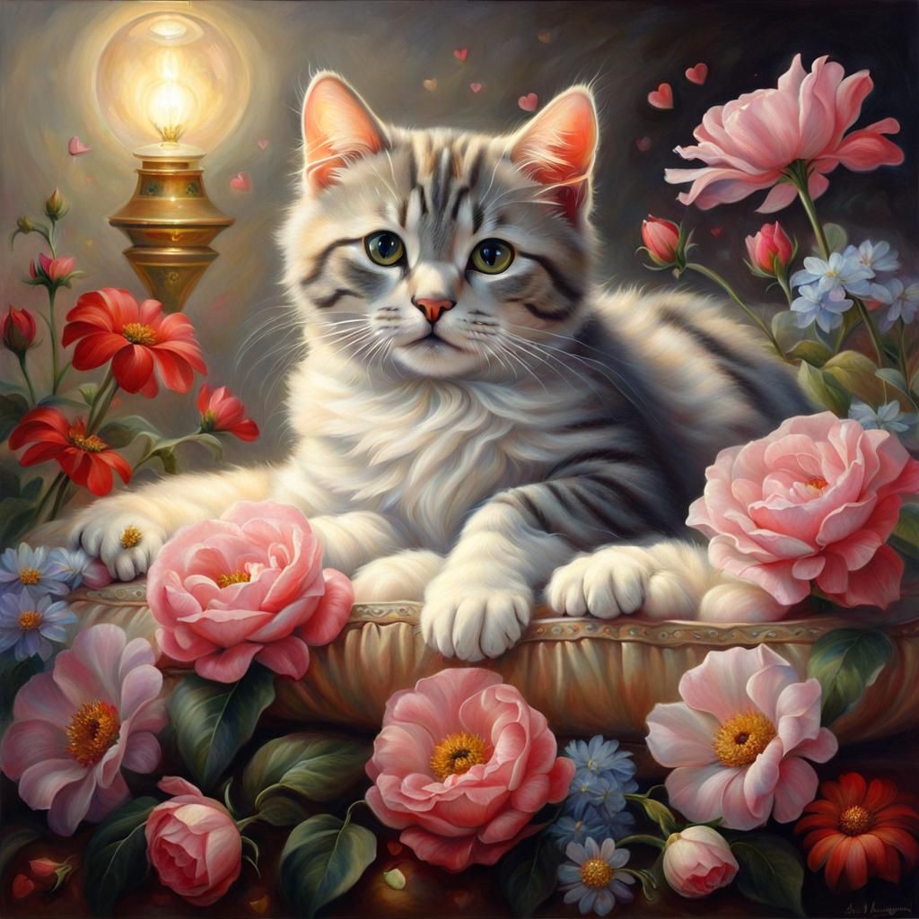 Cat Surrounded by Flowers in Magic Realism Style