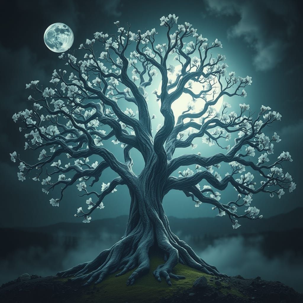 Ethereal Yggdrasil Blooms Under Twin Moons