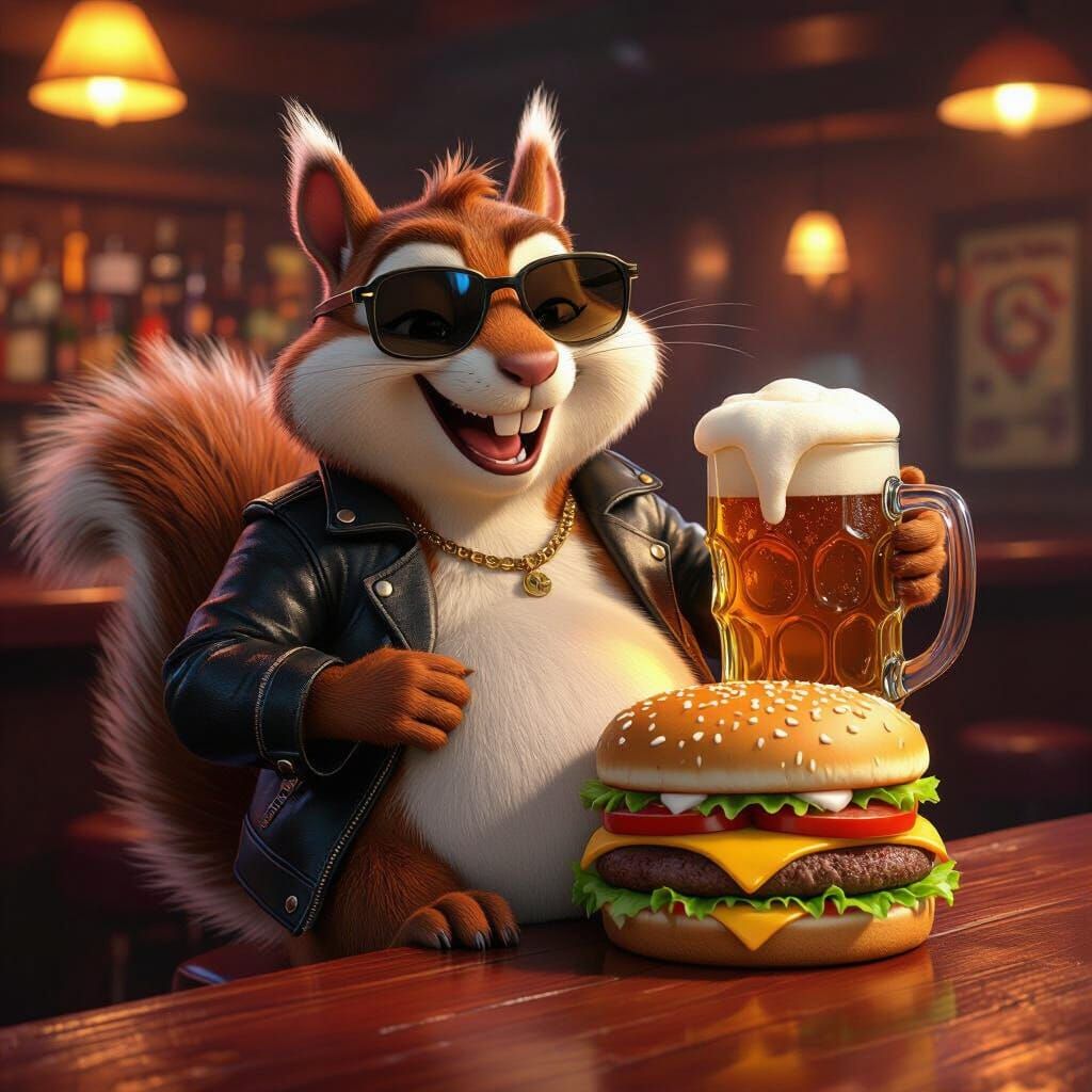 Squirrel's Delight: Beer and Big Mac in Pixar Style
