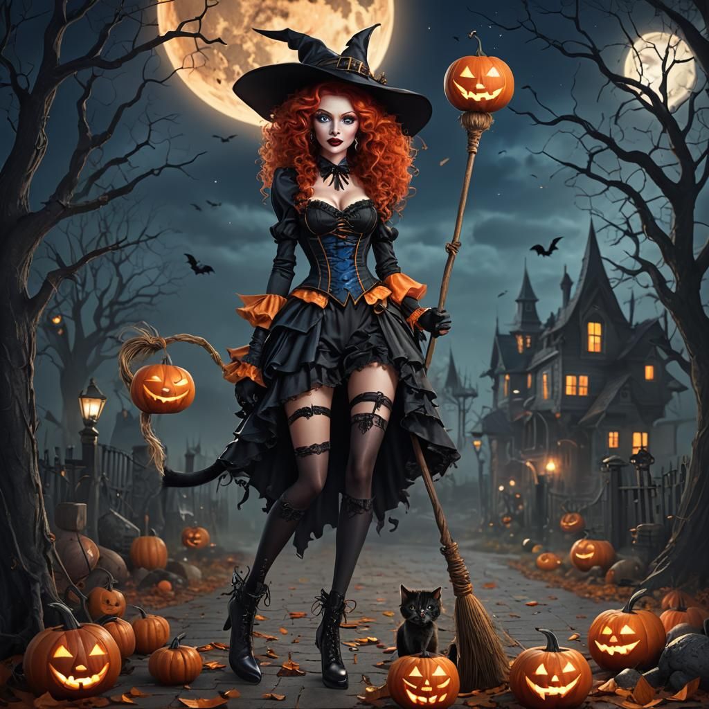 curly red hair, high heels, long legs, blue eyes, red lipsti...