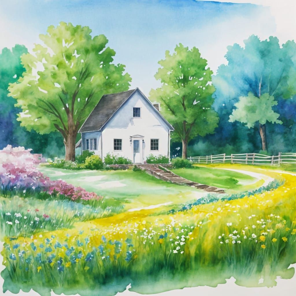 Watercolor House in a Floral Field