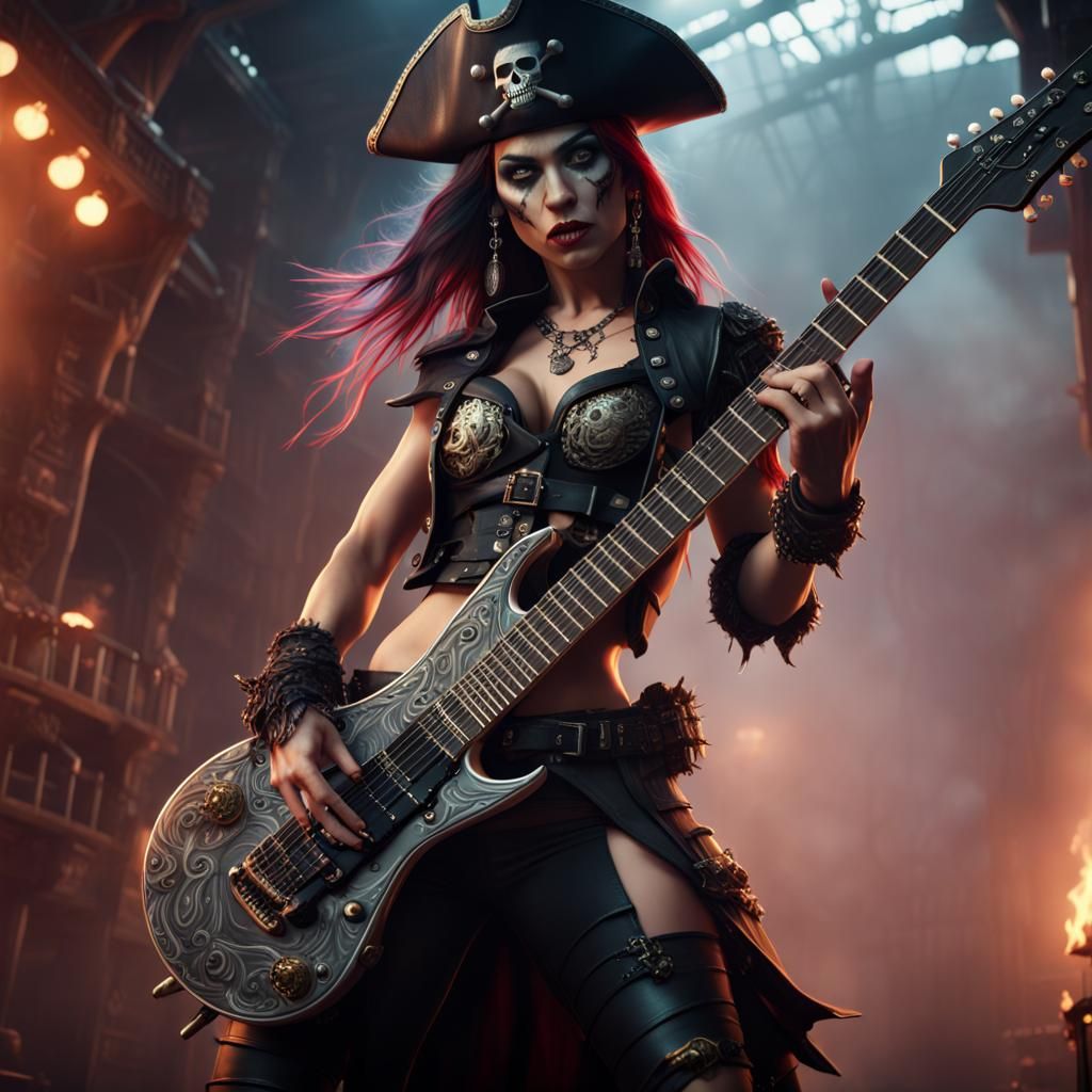 Heavy Metal Pirate Rocks Guitar: Detailed Digital Art